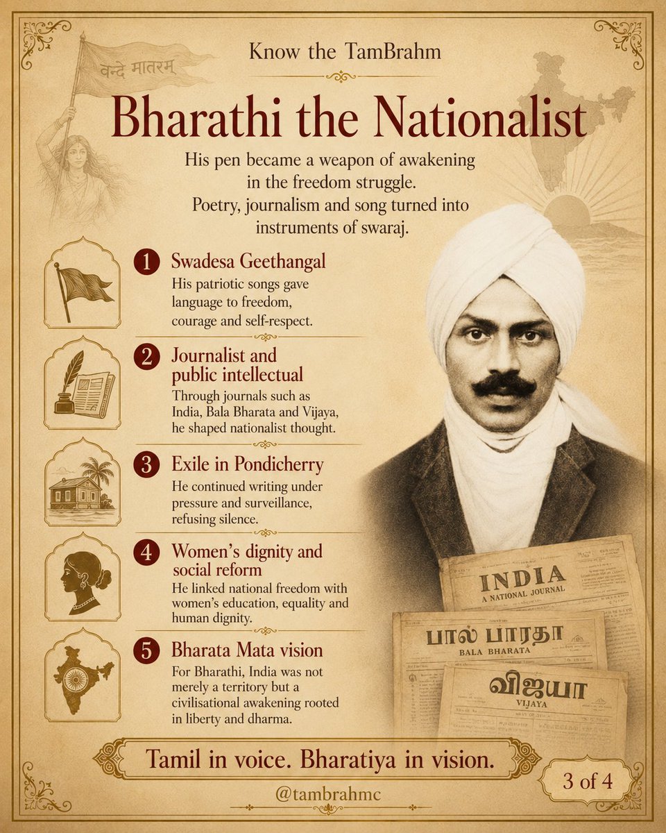 tambrahmc's tweet photo. Know the TamBrahm | Post 02 : Subramania Bharathi Subramania Bharathi stands at a rare civilisational crossroads: Tamil fire, Vedantic depth, Krishna-bhakti tenderness, and nationalist courage - all in one life.
#tambrahmc #KnowTheTamBrahm #SubramaniaBharathi #tamilbrahmin https://t.co/T6tnXu9pno