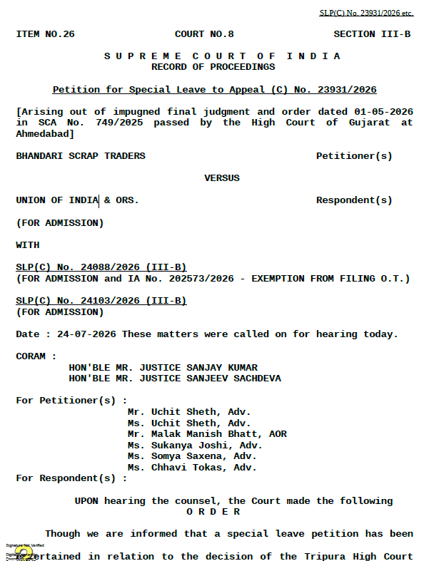 taxologyin's tweet photo. The Supreme Court upheld Section 16(2)(c) of the CGST Act as valid. Petitioners argued buyers should not lose Input Tax Credit over a supplier's default, citing a Tripura High Court ruling favouring purchasers.

The Court rejected this comparison, holding that the CGST Act and Delhi VAT Act follow different ITC schemes. It further noted that Sections 41, 73 and 74 already protect buyers, allowing them to reclaim reversed credit once the supplier pays the tax. The petitions were accordingly dismissed.

[Section 16(2)(c) of the CGST Act requires that tax charged on a purchase must actually be paid to the government by the supplier before the buyer can claim Input Tax Credit on it.]

Impact: Buyers must now verify supplier compliance carefully, since Section 16(2)(c) remains fully enforceable and ITC can be denied for a supplier's default.

Bhandari Scrap Traders vs Union of India & Ors. (SLP(C) No. 23931/2026)