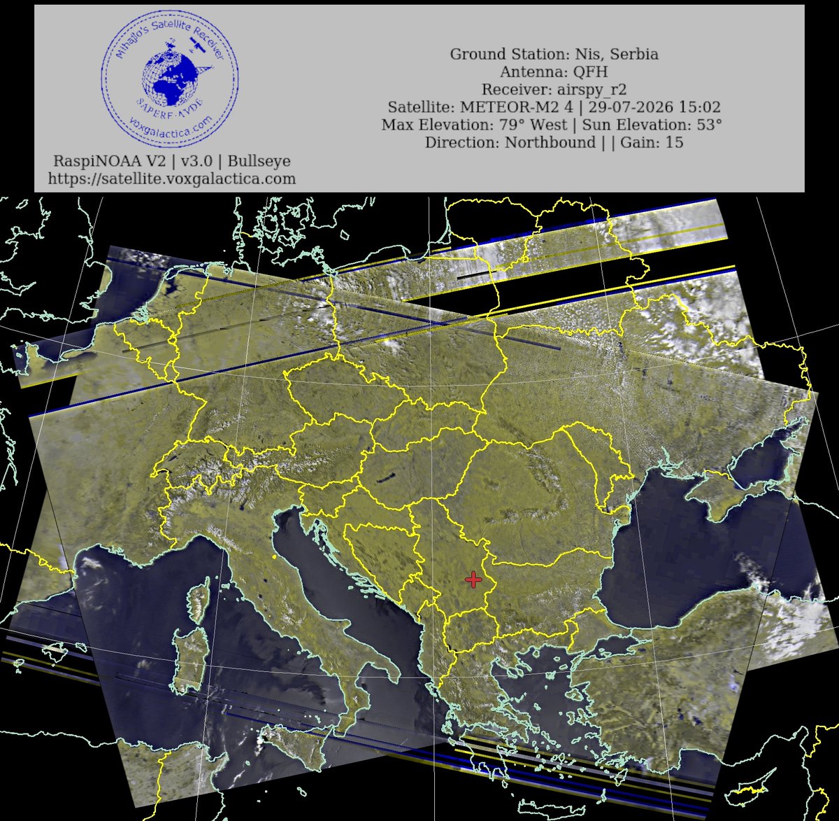 MihajloPi's tweet photo. 🇷🇸Ground Station: Nis, Serbia METEOR-M2 4 29-07-2026 14:46 CEST Max Elev: 79° W Sun Elevation: 53° Gain: 15 | Northbound
#NOAA #NOAA15 #NOAA18 #NOAA19 #MeteorM2_3 #MeteorM2_4 #weather #weathersats #APT #LRPT #wxtoimg #MeteorDemod #rtlsdr #gpredict #raspberrypi #RN2 #ISS https://t.co/T02C8bUhWo