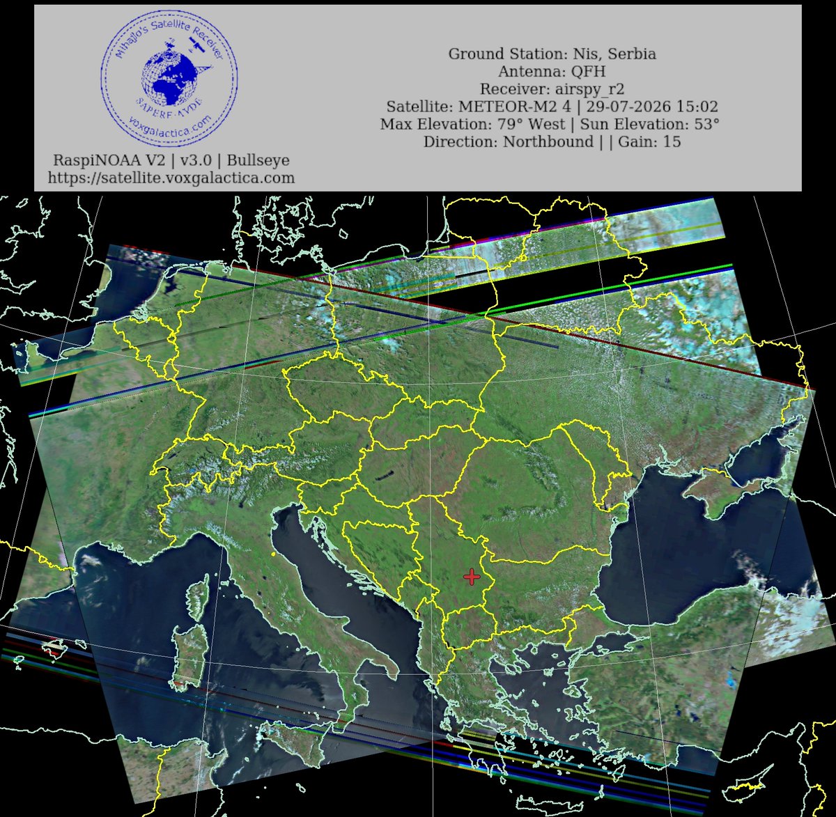 MihajloPi's tweet photo. 🇷🇸Ground Station: Nis, Serbia METEOR-M2 4 29-07-2026 14:46 CEST Max Elev: 79° W Sun Elevation: 53° Gain: 15 | Northbound
#NOAA #NOAA15 #NOAA18 #NOAA19 #MeteorM2_3 #MeteorM2_4 #weather #weathersats #APT #LRPT #wxtoimg #MeteorDemod #rtlsdr #gpredict #raspberrypi #RN2 #ISS https://t.co/T02C8bUhWo