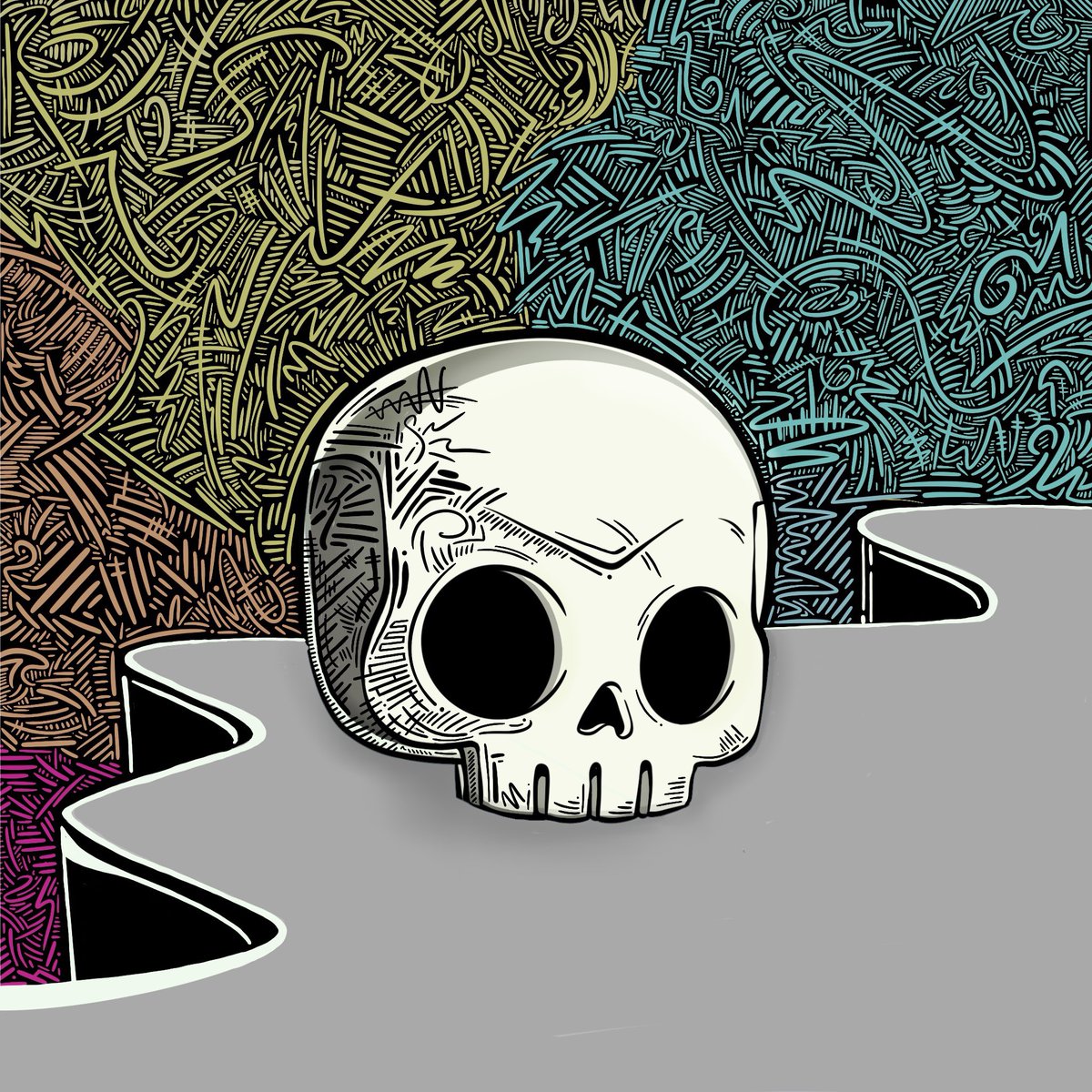 T1MLivingston's tweet photo. This is my official submission for the @DedGorgez art contest

I made a few different versions before landing here.

In the end, I kept coming back to the skull standing alone.

To me everything above it represents the noise of life.

The thoughts. The memories. The chaos. The endless things pulling at us every day.

Below it is stillness.A quiet landscape.

A reminder that no matter how loud life becomes, there is an inevitable peace waiting beyond the storm.

I wanted the contrast between those two worlds to carry the weight of the piece more than any words ever could.

#DropDedGorgez

Still time to enter yours, contest ends Aug 3

Progress in comments