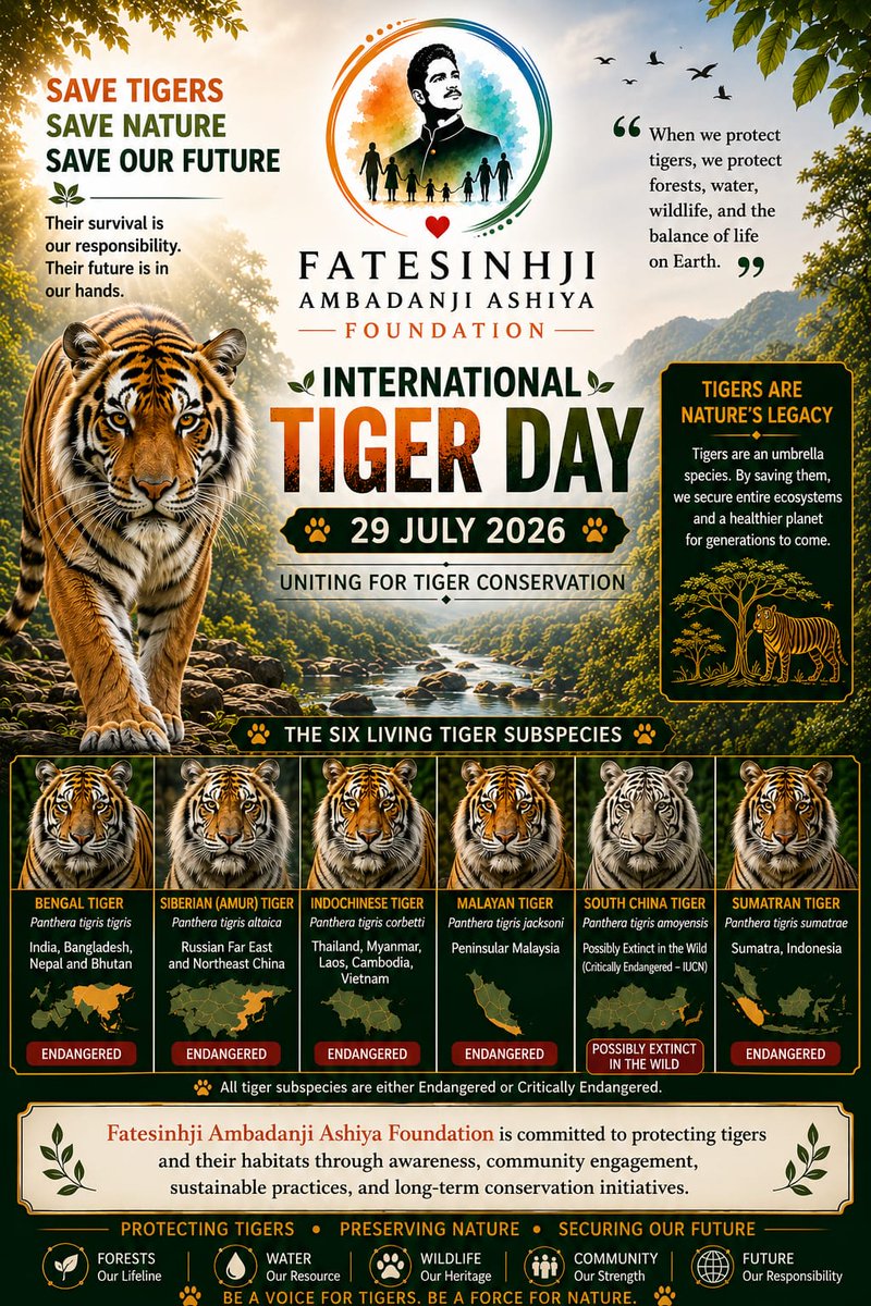 F_A_ASHIYA's tweet photo. Tigers are not just wildlife; they are a vital part of nature’s balance. 🐅🌿
On International Tiger Day, let’s protect tigers, preserve forests, and support wildlife conservation.
#InternationalTigerDay #SaveTigers #WildlifeConservation #SaveNature #FatesinhjiFoundation https://t.co/fHjGIrAtJ1