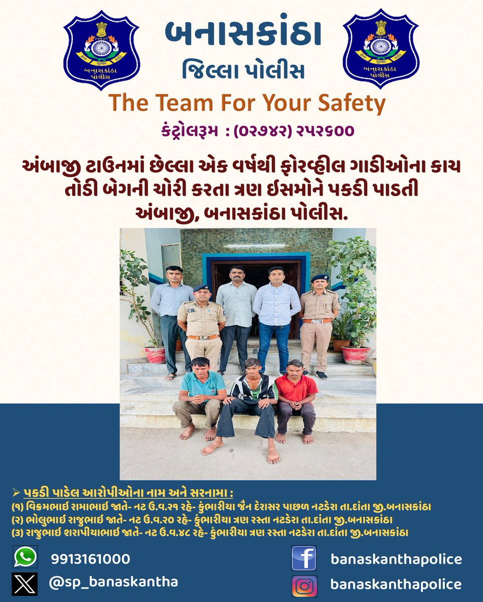 SP_Banaskantha's tweet photo. અંબાજી ટાઉનમાં છેલ્લા એક વર્ષથી ફોરવ્હીલ ગાડીઓના કાચ તોડી બેગની ચોરી કરતા ત્રણ ઇસમોને પકડી પાડતી અંબાજી, બનાસકાંઠા પોલીસ. 
#banaskanthapolice @sanghaviharsh @dgpgujarat @GujaratPolice @CMOGuj https://t.co/WbVfEHwVBj