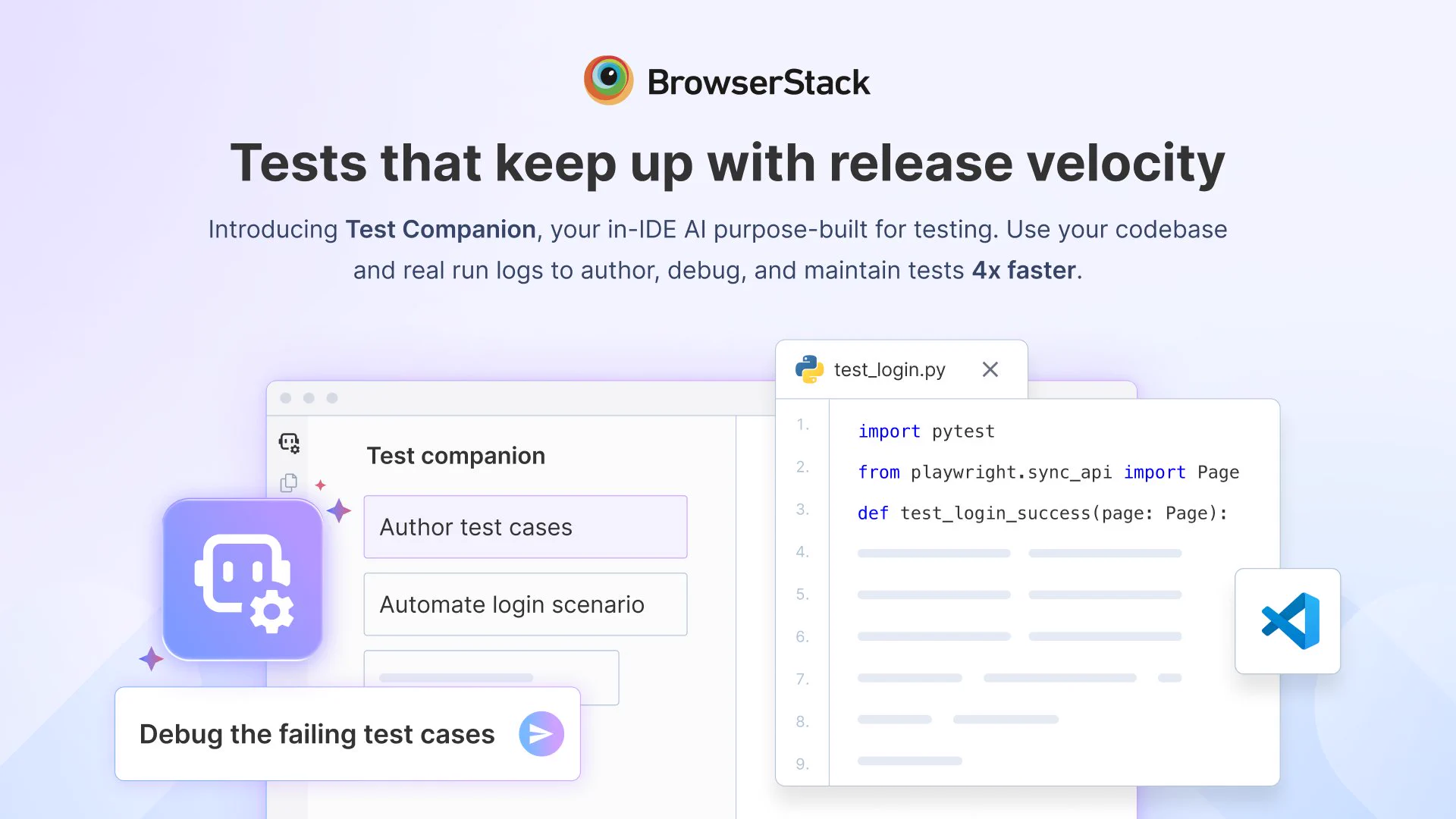BrowserStack promo for Test Companion AI, showing a test authoring panel, Python test code, and VS Code icon.