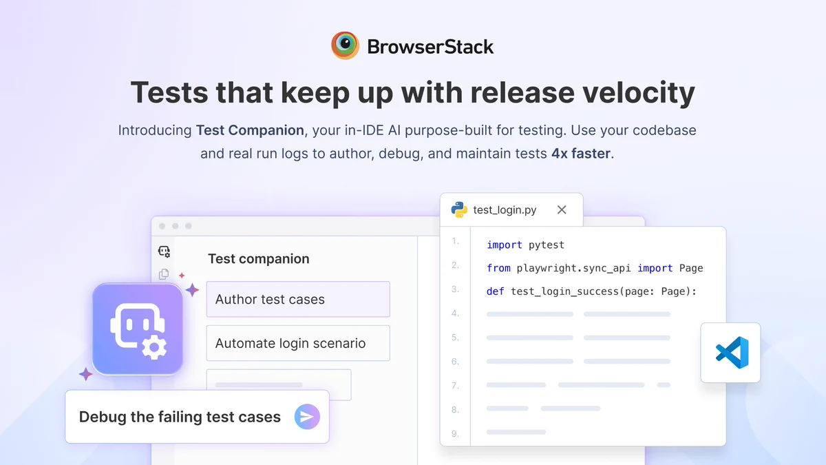BrowserStack promo for Test Companion AI, showing a test authoring panel, Python test code, and VS Code icon.