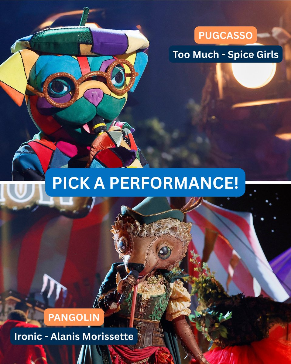 MaskedSingerFOX's tweet photo. The stage is yours! 🎤 Which performance earned your vote this season: #PugcassoMask or #PangolinMask? Let us hear it in the comments. 🎭 #TheMaskedSinger https://t.co/cq3wQL3Cih