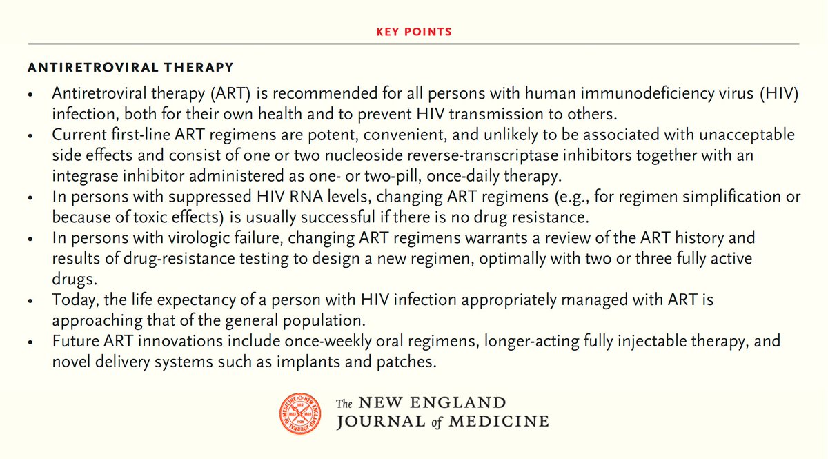 NEJM's tweet photo. Current HIV treatment guidelines worldwide recommend that persons with HIV infection start antiretroviral therapy (ART) regardless of symptoms, signs, clinical stage of disease, CD4 cell count, or HIV RNA level. Learn more about ART in a new review: https://t.co/VSY39nFkSE https://t.co/ovnZJFZom0
