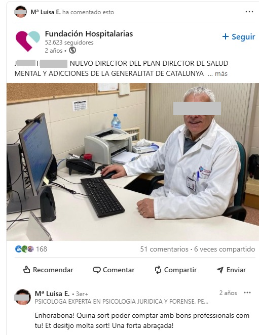 futbolgate_ES's tweet photo. ❗️#CasoBarçaNegreia La hija de #Negreira es psicóloga forense: experta en valorar deterioros cognitivos y simulación en el ámbito penal.

Su trayectoria en el Departament de Justícia y en la evaluación de medidas penales alternativas añade un elemento de análisis al contexto de la incapacidad procesal del ex vicepresidente del CTA.

En mayo de 2023, un informe del Instituto de Medicina Legal de Cataluña concluyó que José María Enríquez Negreira padece un trastorno neurocognitivo compatible con un posible Alzheimer, condición por la que se determinó que no estaba en condiciones de afrontar el procedimiento judicial por los pagos recibidos del FC Barcelona durante casi dos décadas.

Existe un dato de relevancia en su entorno familiar: María Luisa Enríquez Romero, hija del exdirigente arbitral, es psicóloga forense y ha desarrollado una parte significativa de su trayectoria profesional en el ámbito de la ejecución de medidas de seguridad para personas con trastornos mentales dentro del "Departament de Justícia" de la Generalitat de Cataluña.

En 2011, la hija de Negreira publicó un trabajo en la revista Informaciones Psiquiátricas en el que detallaba su experiencia como Delegada de ejecución de medidas de seguridad de internamiento en el Servei de Mesures Penals Alternatives de la provincia de Barcelona. En dicho texto exponía sus funciones de coordinación con equipos forenses, centros psiquiátricos, juzgados y familias en casos de internamientos o medidas de seguridad por trastornos mentales.

Su trayectoria constata asimismo una vinculación profesional con el ámbito de la salud mental en Cataluña, reflejada en su actividad y presencia en redes del sector (donde felicitó al nuevo director del Plan Director de Salud Mental y Adicciones de la Generalitat). 

En la actualidad, figura además vinculada al gabinete Peritajes Barcelona, especializado en peritajes psicológicos y evaluaciones forenses en los órdenes penal, civil y de familia.

La convergencia entre la incapacidad procesal dictaminada para el exdirigente arbitral y la alta especialización de su hija en psicología forense y medidas penales alternativas añade un elemento de análisis al contexto del caso.

Ante este escenario de notable coincidencia técnica en el entorno familiar del investigado, surgen interrogantes de interés público: ¿qué protocolos de verificación garantizan la absoluta distancia e independencia entre los peritos del Instituto de Medicina Legal y los profesionales del ámbito forense que componen el entorno de las partes?

¿Hasta qué punto el conocimiento especializado dentro del núcleo familiar influye en los cauces habituales de la evaluación médica en un procedimiento de esta trascendencia? 

Y, en aras de la máxima transparencia institucional, ¿resulta oportuno auditar y explicitar la trazabilidad de estas periciales oficiales para disipar cualquier duda sobre el proceso?