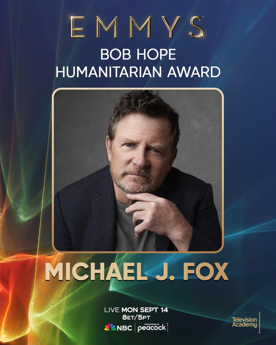 TelevisionAcad's tweet photo. The #78thEmmyAwards is proud to announce @realmikejfox as this year's recipient of the Bob Hope Humanitarian Award. This award recognizes his transformative contributions to Parkinson’s disease research and advocacy. Watch it be formally presented to Fox at the 78th Emmy Awards NBC telecast on Sept. 14. ⭐ 

#MichaelJFox #BobHopeHumanitarianAward #emmys