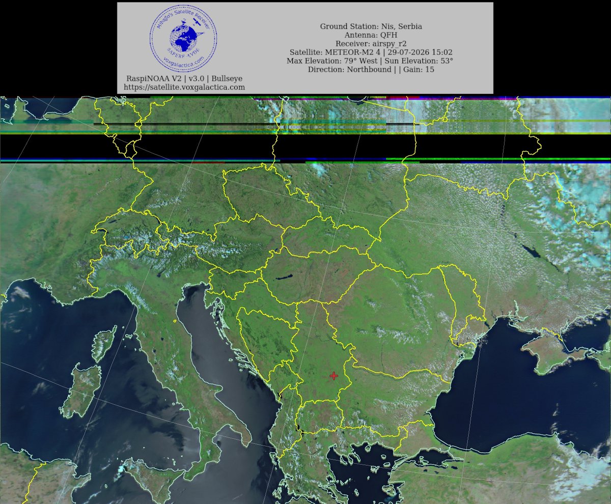 MihajloPi's tweet photo. 🇷🇸Ground Station: Nis, Serbia METEOR-M2 4 29-07-2026 14:46 CEST Max Elev: 79° W Sun Elevation: 53° Gain: 15 | Northbound
#NOAA #NOAA15 #NOAA18 #NOAA19 #MeteorM2_3 #MeteorM2_4 #weather #weathersats #APT #LRPT #wxtoimg #MeteorDemod #rtlsdr #gpredict #raspberrypi #RN2 #ISS https://t.co/RF21wjONYK