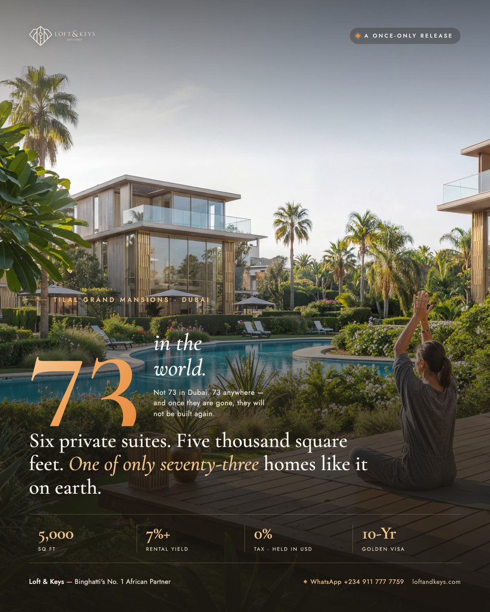 loftandkeys's tweet photo. There are only 73 of these in the world. Not 73 in Dubai. 73 anywhere.

Tilal Grand Mansions is one of the rarest residential offerings Binghatti has ever released, and once they are gone, they will not be built again.

Step inside and the first thing you notice is the light. The mansion was designed around it. Eight-metre living spaces that rise like a cathedral and hold the sun all day.

A floating staircase carries you between floors. Six private suites, each its own quiet world. Five thousand square feet that never feel like a house showing off, just a home that knew who it was built for. And outside, a pool that turns the Dubai evening into something you own.

The investment case is as clean as the design. Held in dollars. Zero tax on what it earns. A ten-year Golden Visa attached to your name.

Scarcity is the one thing a developer cannot manufacture after the fact. When only 73 exist, the number moves in one direction. What would you want a home like this to say about the person who owns it?
 
#TilalGrandMansions #LuxuryRealEstate #Binghatti #DubaiProperty #BrandedResidences #loftandkeys https://t.co/ajuWGUz5zM