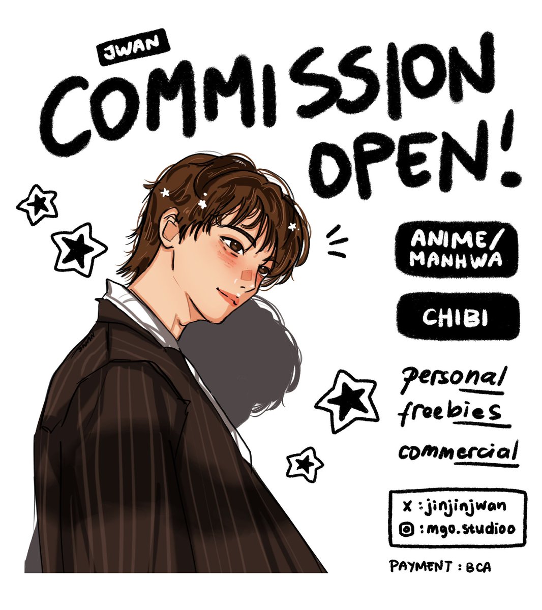 jinjinjwan's tweet photo. hello! jwan’s commission now open 
＼(≧▽≦)／
with updated comms sheets 🙌

*for locals only &amp; very limited slots!
✨anime/manhwa &amp; chibi style are available ✨
————
retweets &amp; likes are very appreciated💓
#artidn #commissionsopen #commission https://t.co/0xxZyxVPTA