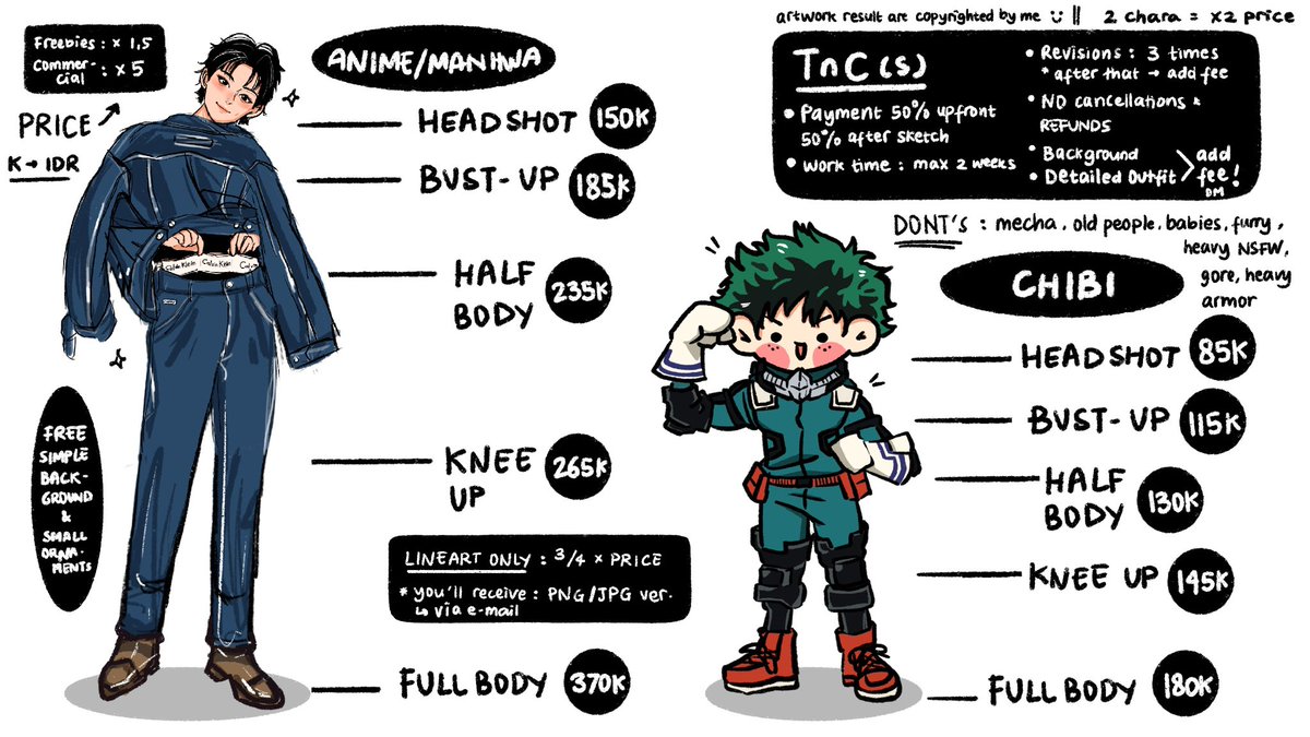 jinjinjwan's tweet photo. hello! jwan’s commission now open 
＼(≧▽≦)／
with updated comms sheets 🙌

*for locals only &amp; very limited slots!
✨anime/manhwa &amp; chibi style are available ✨
————
retweets &amp; likes are very appreciated💓
#artidn #commissionsopen #commission https://t.co/0xxZyxVPTA