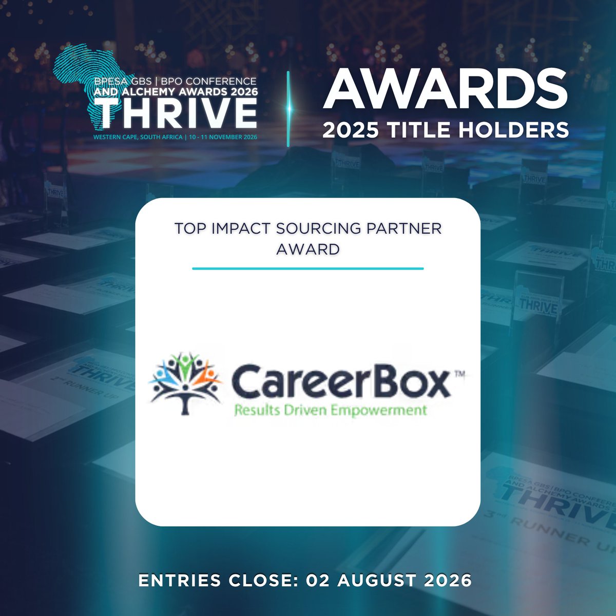BPO2SA's tweet photo. Careerbox won the 2025 Top #ImpactSourcing Partner Award for creating pathways to employment for excluded youth.
If your organisation helps operators recruit and develop Impact Workers, enter by Sunday, 2 Aug: https://t.co/fTTXe9mw7H
#BPESA #GBS #ThriveSA #GBSAlchemyAwards https://t.co/uzOuHwjmRe