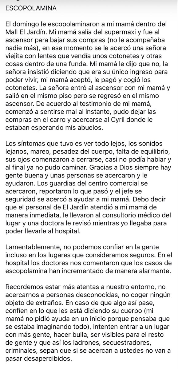 LadyCronopia's tweet photo. Con todos los casos de desapariciones en Quito, les pido por favor que no se detengan a hablar CON NINGUN DESCONOCIDO en la calle, miren lo que pasó el domingo en el Mall El Jardín.  Los casos de escopolamina han aumentado significativamente. Lean esto. https://t.co/Jzf4NL9usK