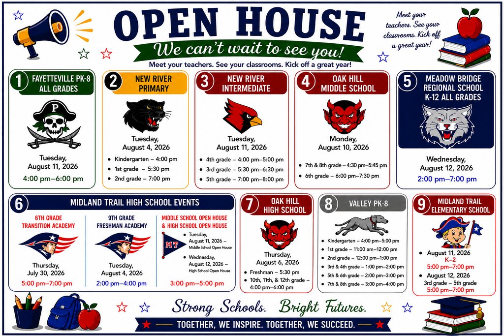 FCSWV's tweet photo. Fayette County Schools Updated Open House Schedules. Please not changes to Valley PK-8 and Midland Trail Elementary School. https://t.co/HhtDpjsxQP