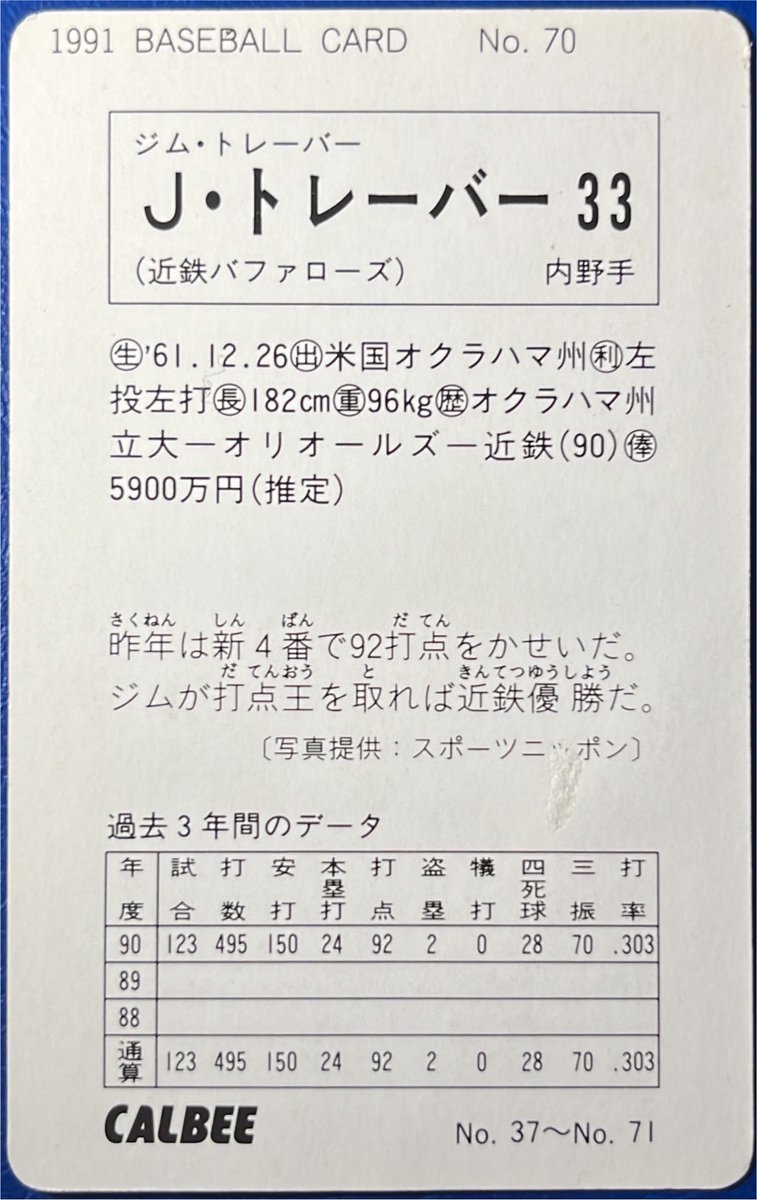 calbee1973oji's tweet photo. 1991 No.70
J•トレーバー(近鉄)

#プロ野球チップス https://t.co/nnnp7P6mgc