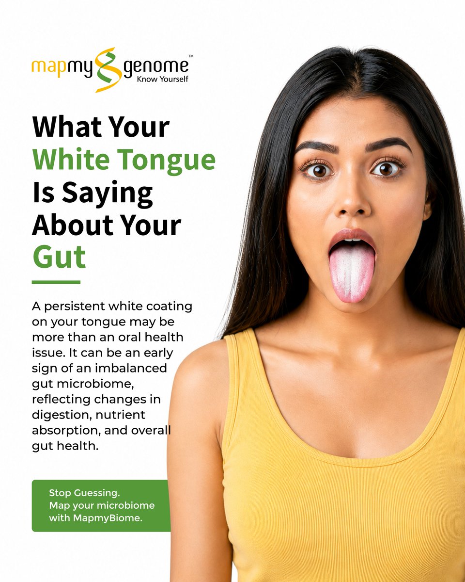 mapmygenome's tweet photo. Ever noticed a persistent white coating on your tongue and wondered what’s causing it? 👅

It might be more than just an oral hygiene issue—your tongue could be giving you an early warning sign about your gut health!

An imbalance in your gut microbiome can impact:
- Digestion & nutrient absorption
- Overall immune and digestive health
- The balance of bacteria from your mouth to your gut