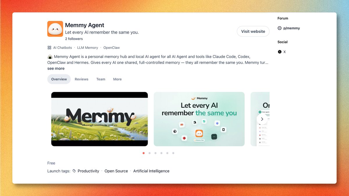 Memmy_ai's tweet photo. Memmy is local-first and also can take on tasks directly through its own Agent Runtime. You can review, update, or delete your memory anytime.

Welcoming to take a look, give us an upvote, and tell us where agent memory still breaks for you 🫶🏻 https://t.co/mlz89LP6JZ