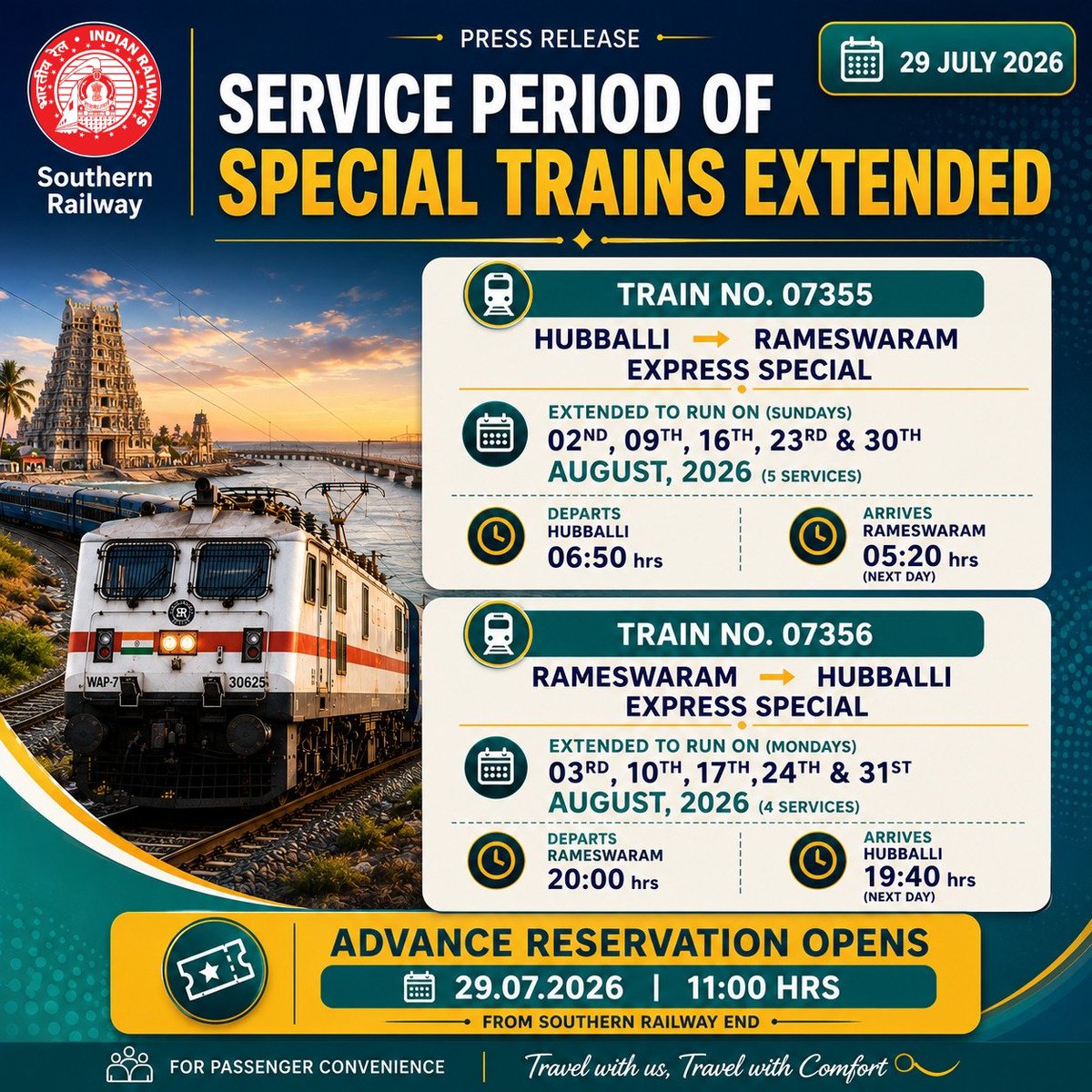drmmadurai's tweet photo. Service Period of Special Trains!

Extended South Western Railway has notified for extension of periodicity of the following Special trains with existing timings, stoppages and composition.

#SouthernRailway #IndianRailways https://t.co/l7PPLFHhDg