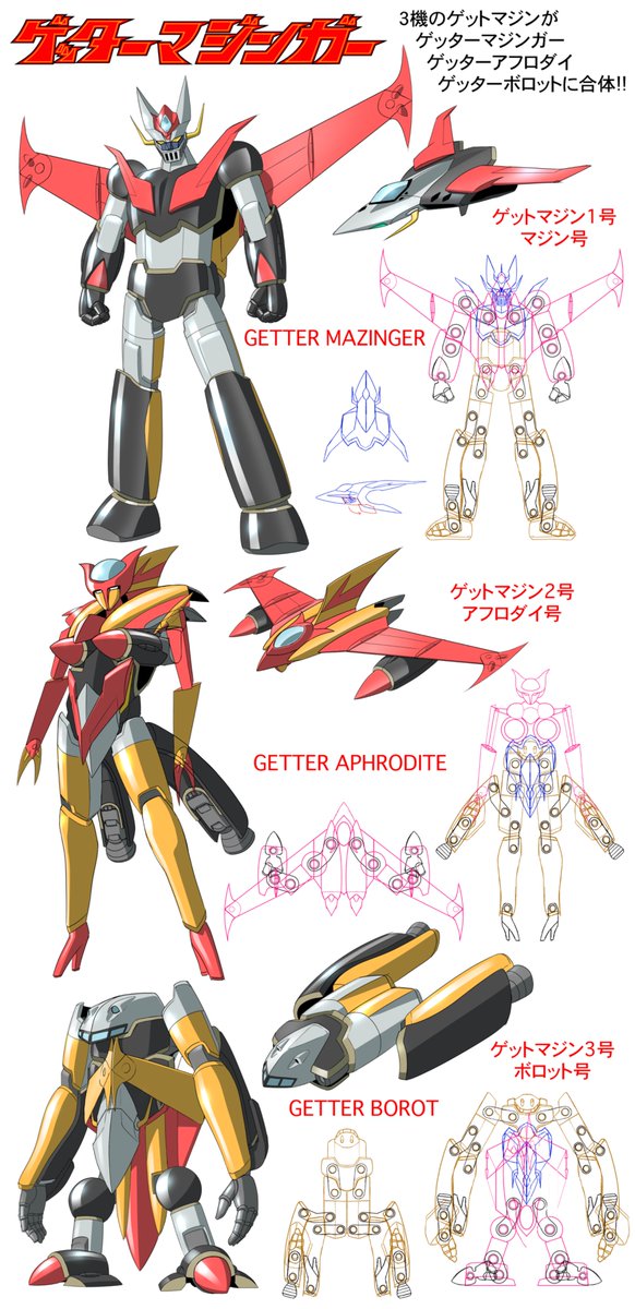 R_AREA2019's tweet photo. チェンジ!　マジンガー　スイッチオン!!

マジンバルキリーで変形するマジンガーをやった次は
ダイナミックに合体するマジンガーです。
冬コミはこんなネタで行きます^ ^

 ３機のゲットマジンが合体して ゲッターマジンガー、ゲッターアフロダイ、ゲッターボスボロットに変形！

まだあちこち無理があるのでこれから煮詰めていきます。

#永井豪 先生
#マジンガーZ
#ゲッターロボ