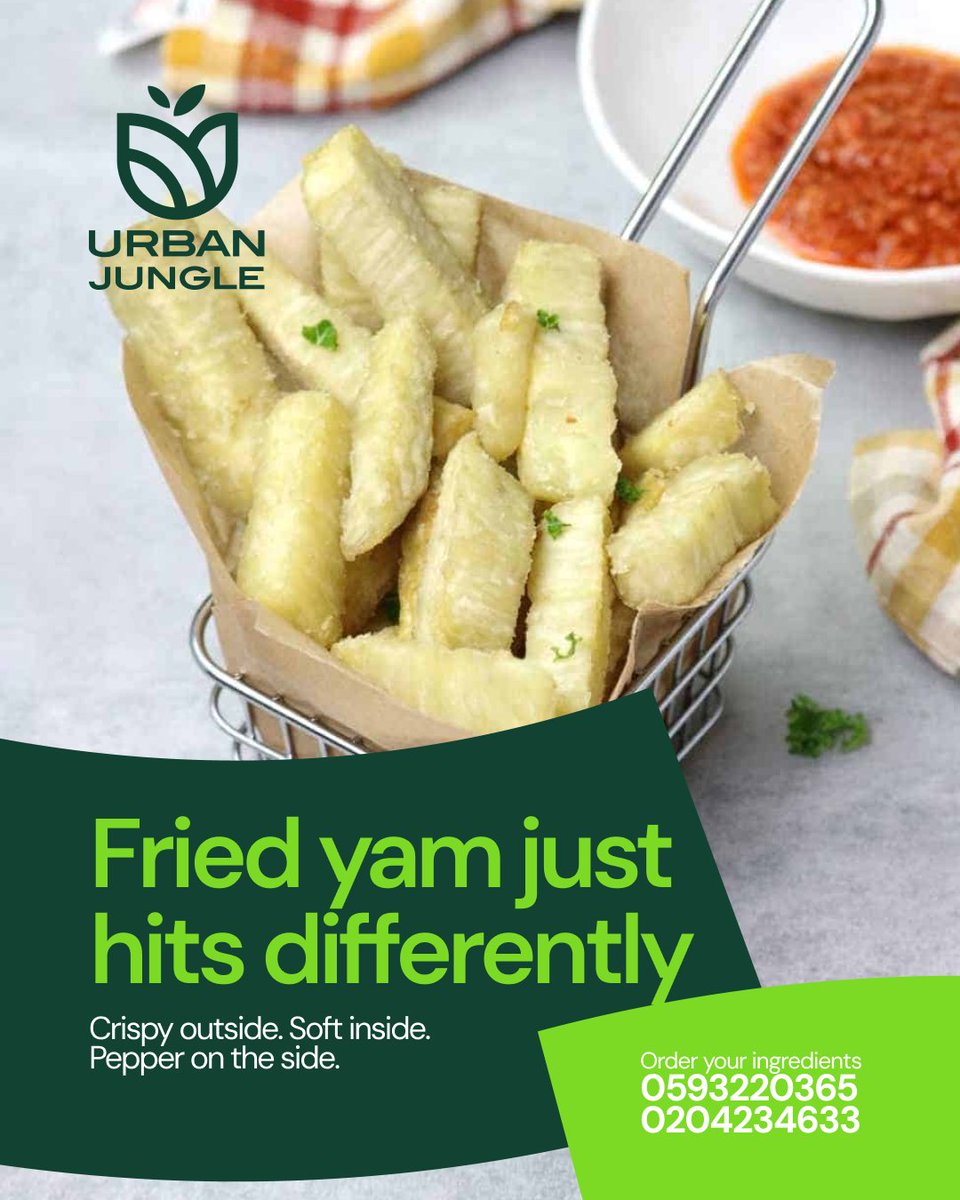 UrbanJunglegh's tweet photo. Great fried yam starts with fresh, quality yams.
Crispy outside, soft inside, and perfect with your favourite pepper
Stock up with Urban Jungle Agro today.
0593220365 | 0204234633
πhttps://t.co/35NnnhTPSX
#UrbanJungleAgro #FriedYam #FarmFresh #GhanaFood #SupportLocalFarmers https://t.co/GwU0TTK7KV