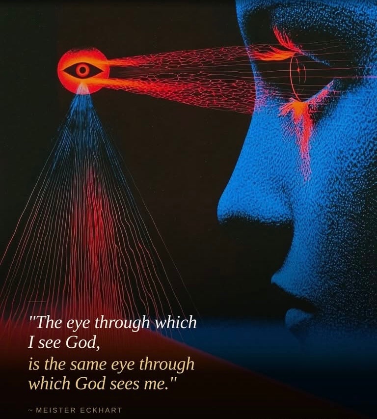 maximumpain333's tweet photo. Meister Eckhart was a 13th century Christian mystic. And this is arguably the most radical sentence he ever wrote.

On the surface it sounds poetic. But what he is actually saying is philosophically explosive.
He is saying there is only one eye.

Not two eyes looking at each other, a human eye gazing upward at God, and a divine eye gazing downward at the human. One eye. The same eye. The seeing itself is singular.

What this means is that the moment you genuinely perceive the divine, not think about it, not believe in it, but directly experience it, you are not a separate creature looking at something outside yourself. You are the divine looking at itself through the instrument of your consciousness.

This was the core of Eckhart’s mysticism and the reason the Church nearly put him on trial for heresy. He was teaching that the distance between the human soul and God is not a real distance. It is a perceptual illusion maintained by the ego, by the sense of being a separate self. 

When that sense dissolves, even for a moment, what remains is not a human being who has found God. What remains is the ground of being itself, aware of itself.

The Vedantic tradition in India called this Advaita, non-duality. The Sufis called it Fana, the dissolution of the self into the divine. Jung would say the ego has encountered the Self and discovered they were never truly separate.

Eckhart said it in one sentence.

The eye that sees and the eye that is seen are the same eye.

✨🙌🏾💫