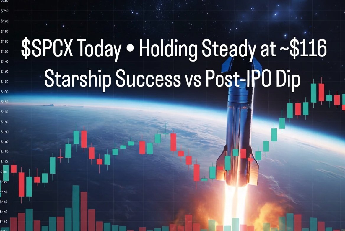 Kurejse1's tweet photo. 🚀 $SPCX Update: SpaceX stock holding around $116 amid post-IPO volatility. Down from $225 highs but Starship progress keeps the long-term vision alive!  First earnings on Aug 4 could be a catalyst. Insider unlocks ahead — dip buying opportunity or more pressure? https://t.co/z4ndCEO0Ys