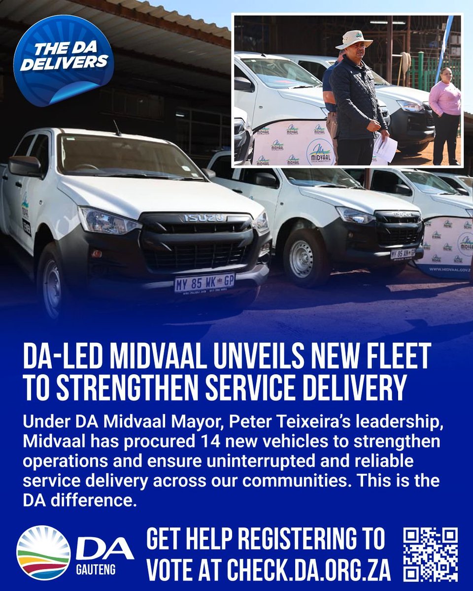 DAGauteng's tweet photo. π€©π₯³ Exciting things are happening in Midvaal!
The DA-led Midvaal Local Municipality has procured a new fleet to expand service delivery across communities. This is the real #DAdifference. Where we govern, things get done.
Register to keep Midvaal working at https://t.co/MBBvJNwmvK.