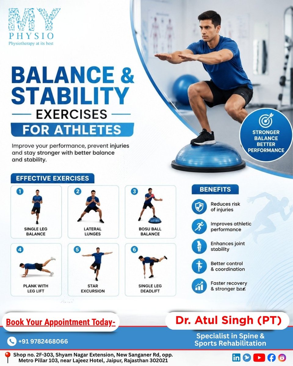 MyPhysioIndia's tweet photo. 🏃 Balance &amp; stability are the foundation of athletic performance.

Regular balance training can:
✅ Reduce injuries
✅ Improve coordination
✅ Enhance joint stability
✅ Speed up recovery
Train smarter with expert physiotherapy.
 Dr. Atul Singh (PT)
📍 Jaipur
📞 +91 97824 68066 https://t.co/n9hhPTpy1Q