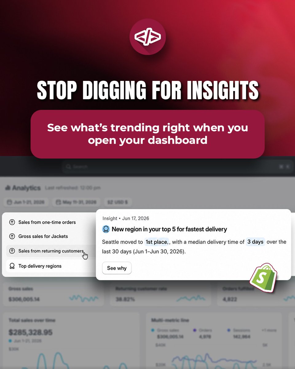 EffectiveAppsHQ's tweet photo. Stop digging through endless Shopify reports.
Your Analytics dashboard now surfaces daily insights and trends instantly helping you spot opportunities and make faster decisions.
#shopifyanalytics #ecommerceinsights #shopifyupdates #storegrowth #effectiveapps https://t.co/DSU4ezUkZV