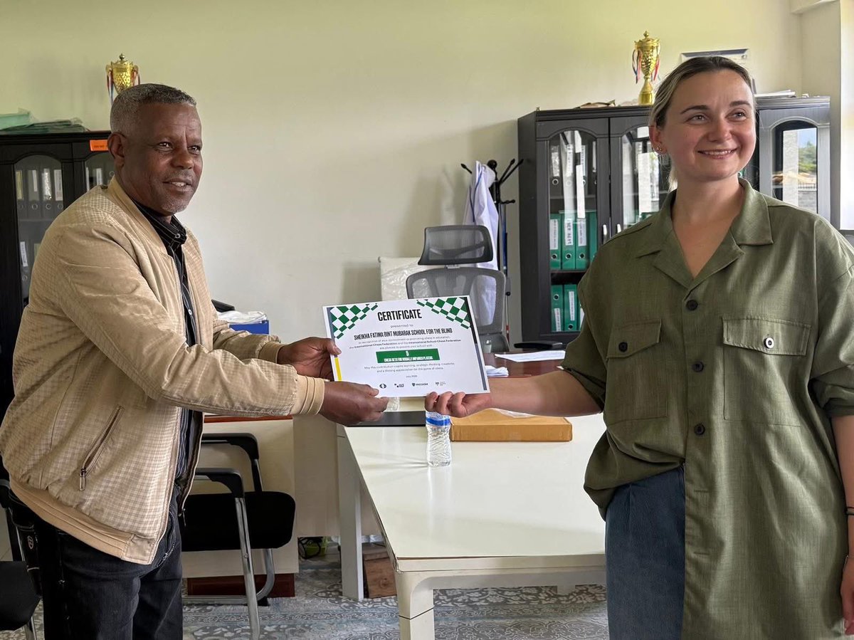 TurlovforChess's tweet photo. 🌍 Creating more opportunities through chess

During my visit to Ethiopia, I had the pleasure of meeting with State Minister Mekiyou Mahammad Abadiga and representatives of the Ministry of Culture and Sport of Ethiopia to discuss how we can work together to expand chess and create more opportunities for young people.

We share a common vision: making chess more accessible through education and strengthening international cooperation for the benefit of future generations. ♟️📚

A particularly meaningful moment of the visit was the distribution of 33 specialised chess sets for children with visual impairments to four schools and educational centres supporting blind children across Ethiopia. 

Starting from the next academic year, the Ethiopian Chess Federation will also introduce regular chess lessons at the Sheikha Fatima Bint Mubarak School for the Blind.

I would like to express my sincere gratitude to Geleta Teshome Bekele, President of the Ethiopian Chess Federation, for his leadership, dedication and warm hospitality. His commitment to developing chess in Ethiopia is creating lasting opportunities for children and inspiring the next generation of players.

Every child deserves the opportunity to learn, play and grow through chess. I am proud that the International School Chess Federation, FIDE and the Ethiopian Chess Federation are working together to make that vision a reality. 

#TurlovforChess #ChessForAll #ChessInEducation #FIDE #ISCF #Ethiopia #Inclusion #Chess
