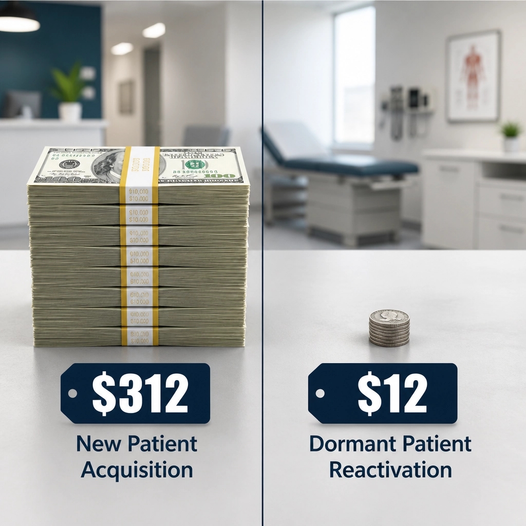 lamarhull20's tweet photo. That agency promising 100 new patients? They’re making you poorer. A new patient costs $312 vs. $12 to reactivate a dormant one. Focus on the math that actually scales your practice.  #DentalMarketing #MedRank https://t.co/ZWfUeUj8O4