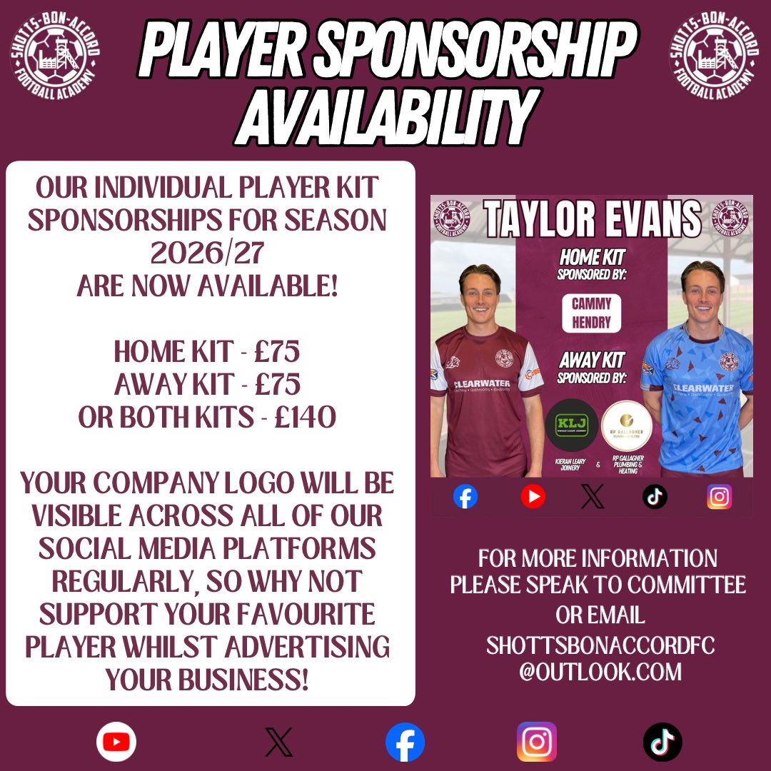 ShottsBonAccord's tweet photo. INDIVIDUAL PLAYER SPONSORSHIPS NOW AVAILABLE ♥️⚽️

We still have some individual player kit sponsorships for season 2026/27 available! These are priced at - 
Home kit - £75
Away kit - £75
or both kits - £140

1/2 https://t.co/7BHX3X9LJ2