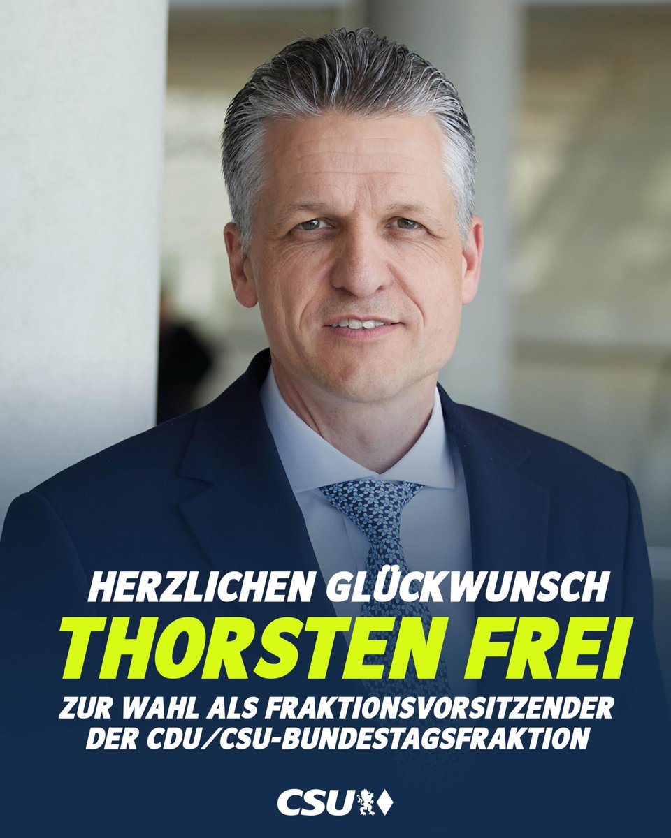 CSU's tweet photo. Wir gratulieren @thorsten_frei  herzlich zur Wahl als Fraktionsvorsitzender der CDU/CSU-Fraktion im Bundestag! https://t.co/xsBZvPhh1l