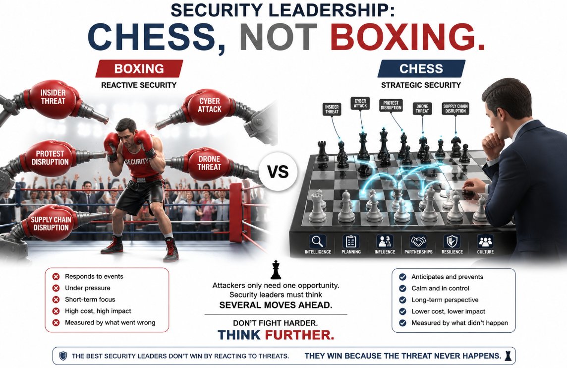 AvKeep's tweet photo. Security leaders play chess, not boxing. ♟️
Boxing is about reacting to the next punch.
Chess is about anticipating the next move.
The best security leaders don't wait for incidents to happen—they think several moves ahead, influence outcomes, and prevent problems before they become crises.
Don't fight harder. Think further.
#SecurityLeadership #RiskManagement #Security #Leadership #Resilience