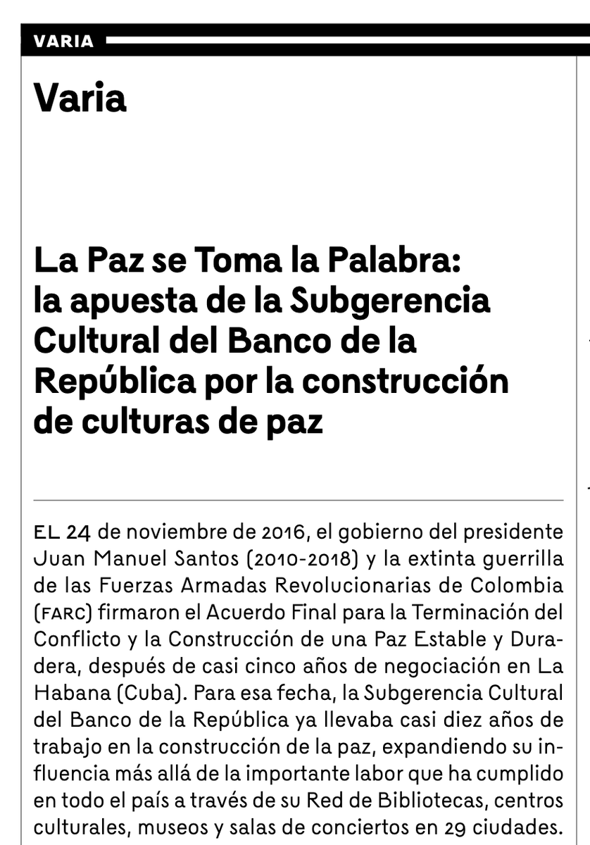 NubiaERojas's tweet photo. Escribí sobre "La paz se toma la palabra", la ambiciosa apuesta de la Subgerencia Cultural del @Banrepcultural para construir culturas de paz en Colombia, en el más reciente número de su Boletín Cultural y Bibliográfico.

Invitados a leer y compartir ✨
https://t.co/GxI2Vd06lC https://t.co/d4WQYulKzp
