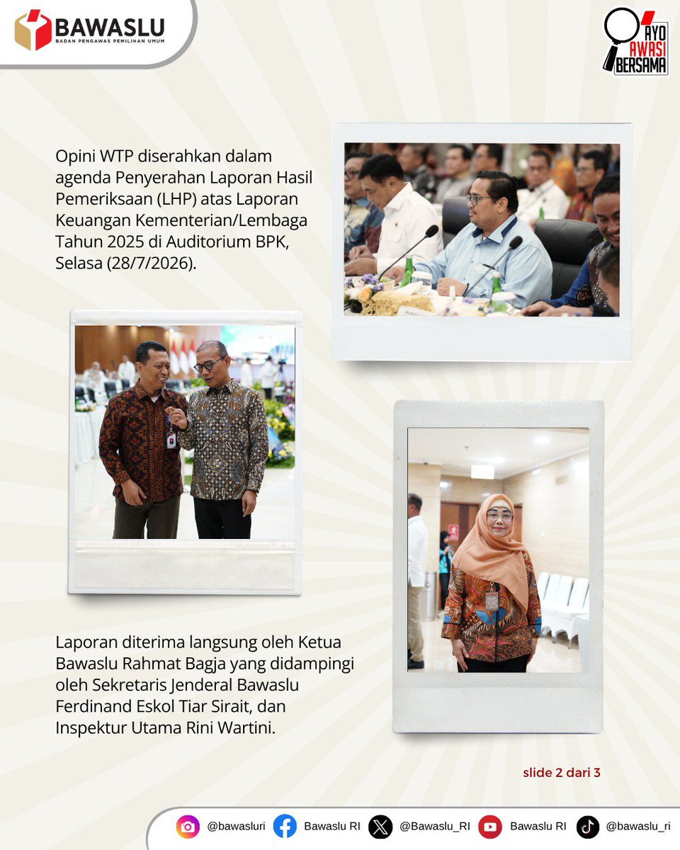bawaslu_RI's tweet photo. 11 tahun berturut-turut‼️
Bawaslu kembali meraih predikat Wajar Tanpa Pengecualian (WTP) atas Laporan Keuangan Tahun Anggaran 2025.
Terima kasih untuk dukungan #SahabatBawaslu untuk integritas dan transparansi pengelolaan keuangan Bawaslu. https://t.co/r94DmuNtFZ