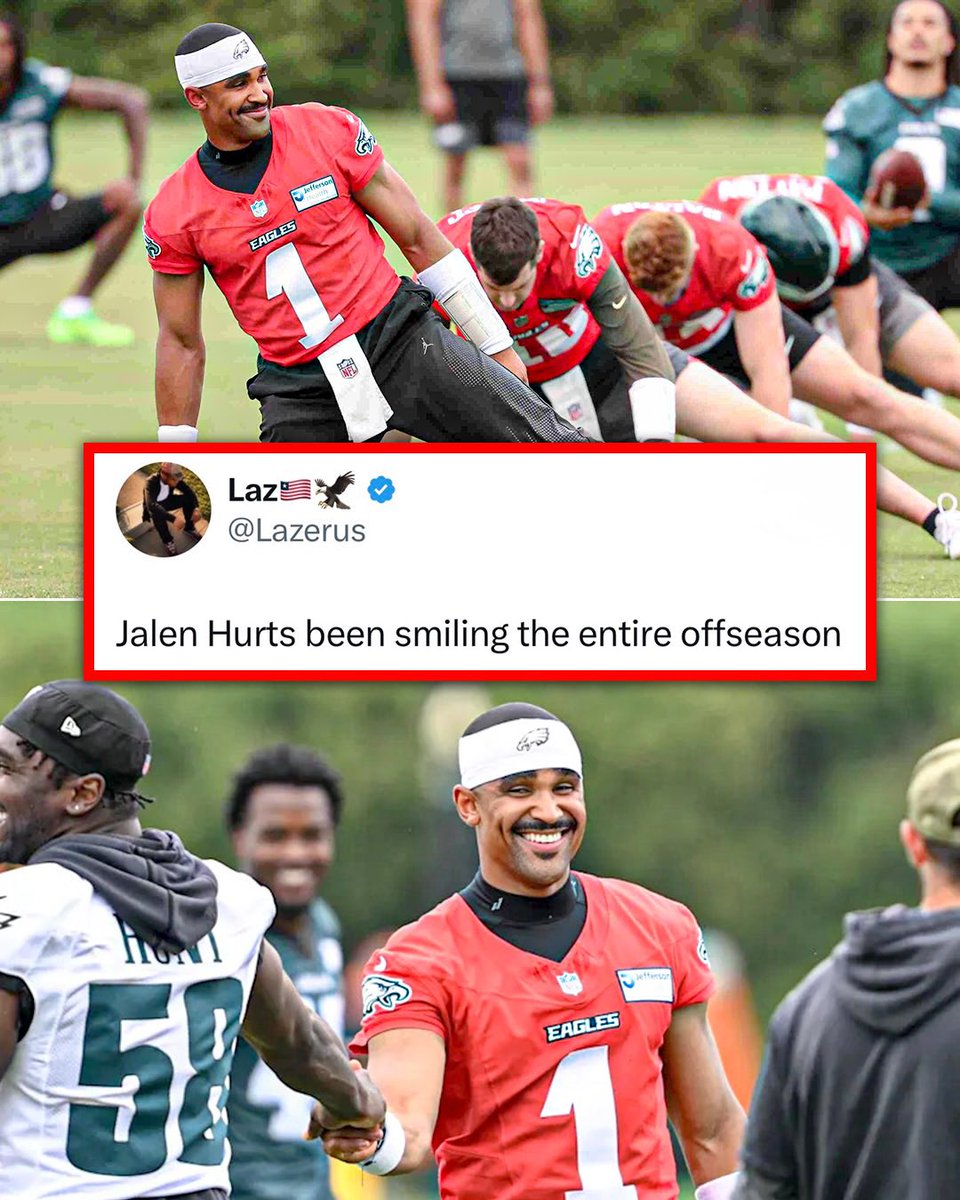 NFL_DovKleiman's tweet photo. We have never seen Jalen Hurts this happy.

AJ Brown's departure was needed in Philly. https://t.co/fH15Z3jx5K