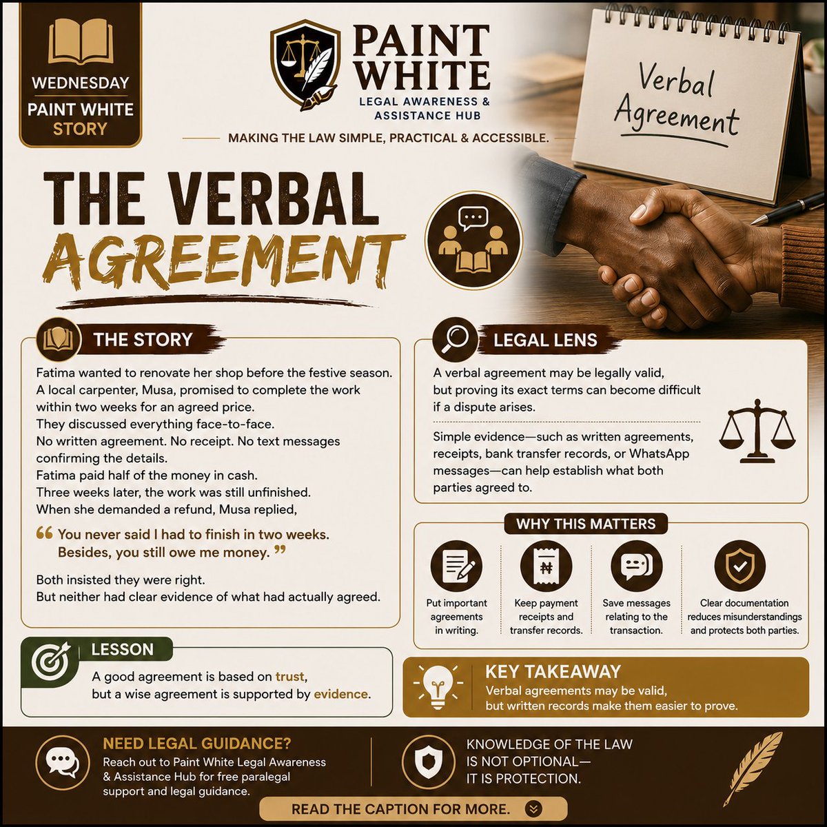 PaintWhite96132's tweet photo. Verbal agreements may be valid, but written records make them easier to prove.
A simple written agreement, receipt, bank transfer description, or WhatsApp conversation can make all the difference.
Documentation doesn't show distrust—it shows good judgment. https://t.co/GvGyzr9ORp