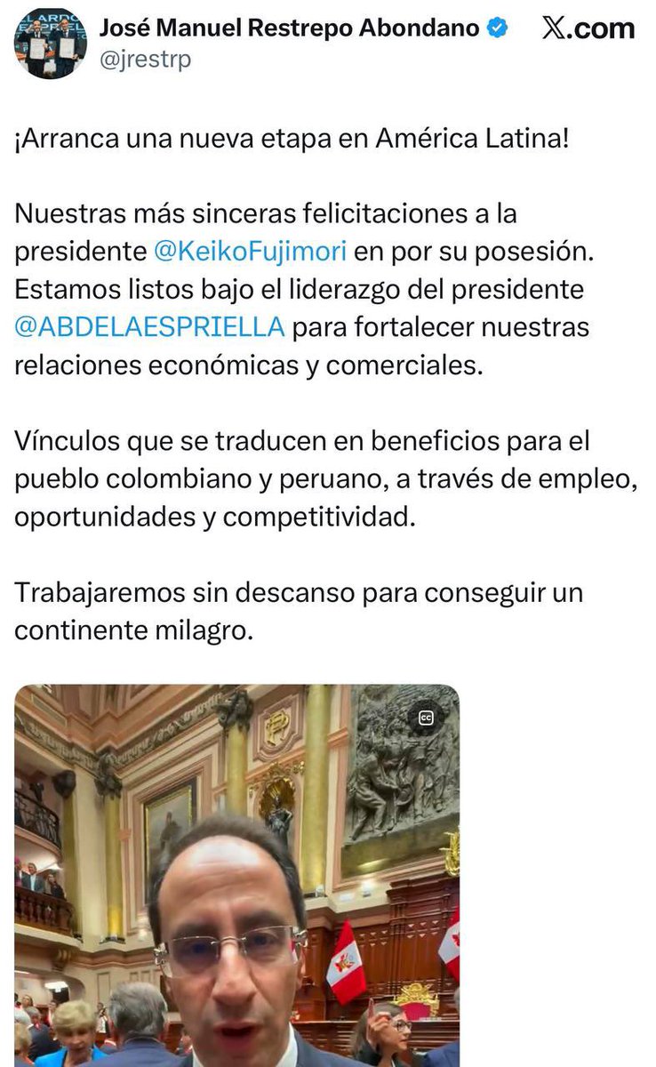 CamiloRomero's tweet photo. ¿A qué llamará José Manuel Restrepo un “continente milagro” aplaudiendo a Keiko Fujimori? ¿Una dictadura como la de Perú, que desapareció y mató a ciudadanos, además de apoyar a grupos ilegales en Colombia? ¿O el modelo fracasado de Milei con retroceso de derechos y conquistas sociales, más desigualdad, esclavitud al trabajador y la venta del patrimonio natural del país?

El fascismo volvió, pero el pueblo, más temprano que tarde, responderá con más dignidad. América Latina resistirá.