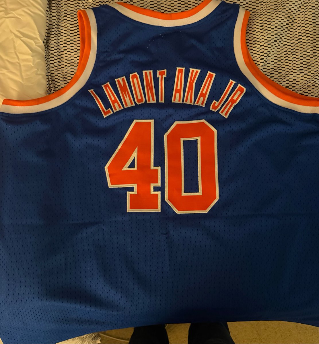 JrWorldOfSoul's tweet photo. Wow my brother Vernon got me this for my birthday!!! A custom made knicks jersey and this special because my knicks are the champions and they did it when I turned 40!!! #AlwaysKnicks #KnicksNation #TeamKnicks https://t.co/4XVS1NZMqQ