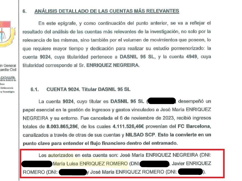 futbolgate_ES's tweet photo. Por otra parte, según el informe de la Guardia Civil sobre el caso Negreira, María Luisa Enríquez Romero, hija del exvicepresidente de los árbitros, figuraba como autorizada en la cuenta bancaria de Dasnil y percibió 96.000 € de esta empresa, distribuidos entre dos cuentas personales, durante los años en los que la sociedad de Negreira estuvo en activo.