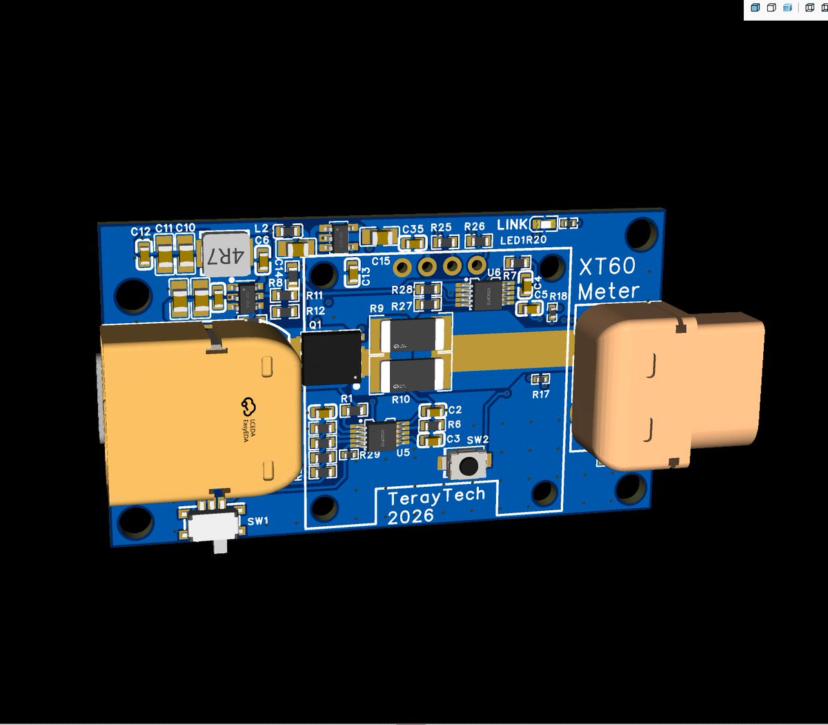 teraytech's tweet photo. Today's project:
XT60 Power Meter with an LM5060 + N-MOSFET high-side load switch, designed for testing batteries and other power electronics.
I was going to buy one... but then I realized none of them had a high-side switch.
So I built my own. https://t.co/neKESEsmWu