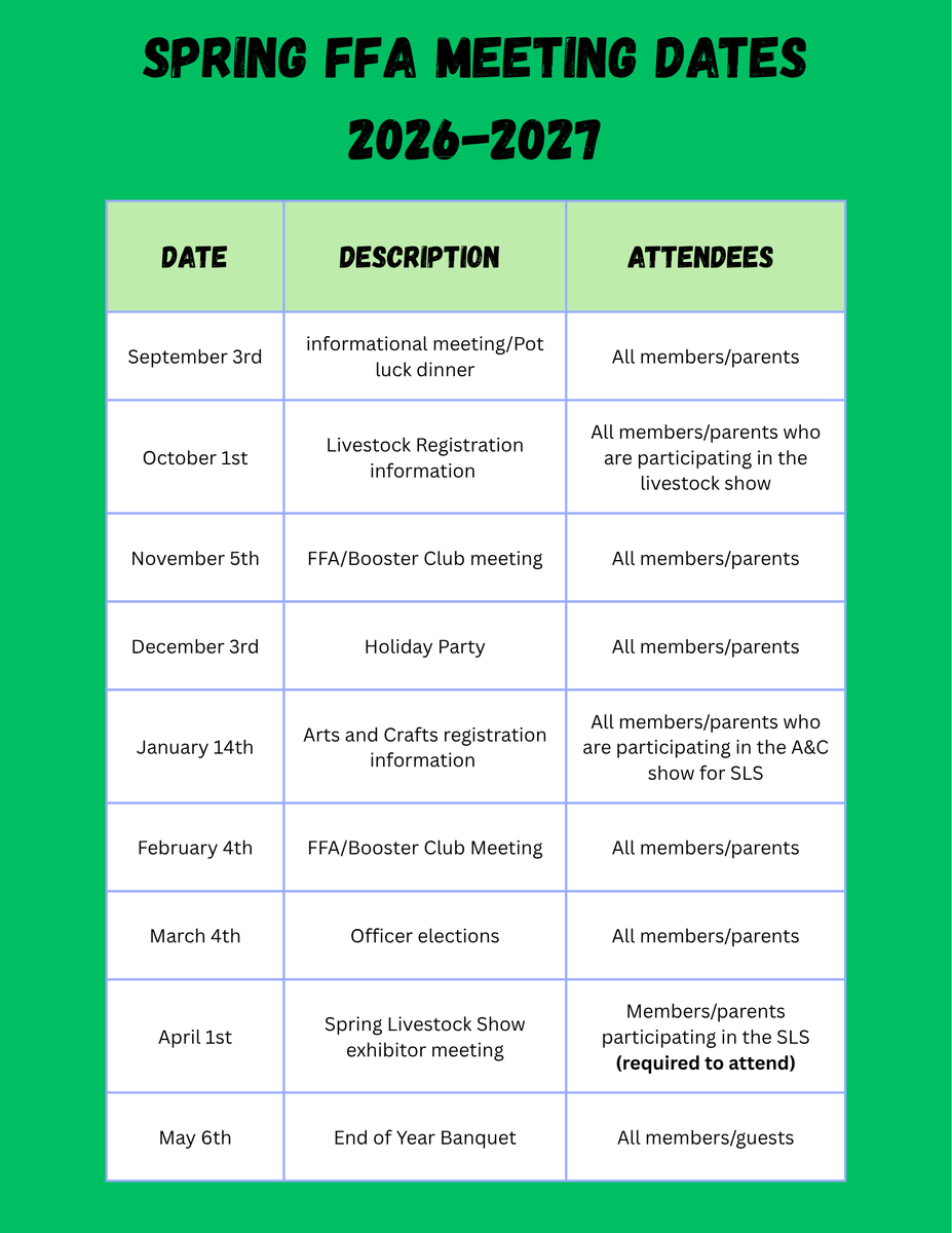 spring_ffa's tweet photo. Spring FFA members/potential members, please save the dates of our meetings. All meetings will be at 6:30 PM (except April). We are ready for a great year!!! @thespringlions @SpringISD_CTE @SpringISD #WeAreSpring https://t.co/1ncPelPls0