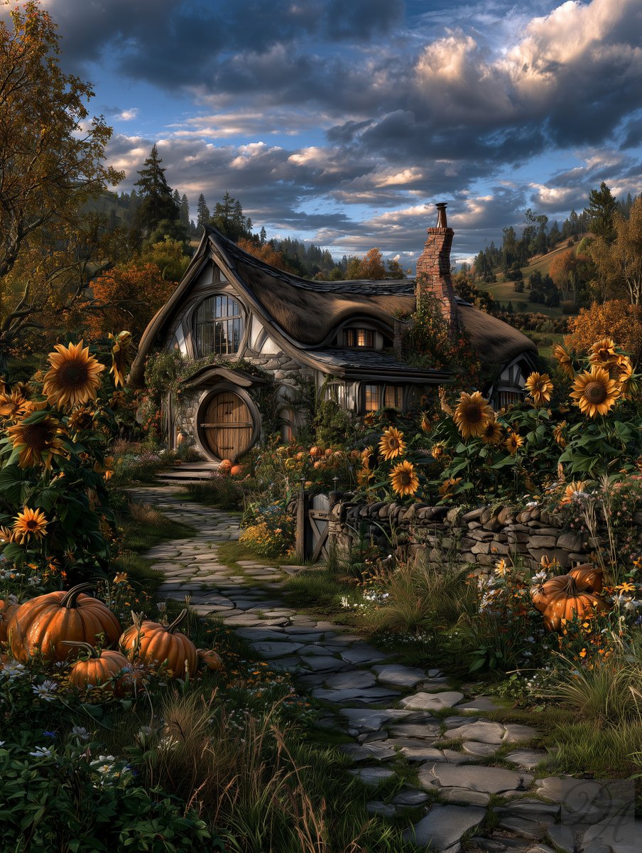 DutteArt's tweet photo. A round door, a full pantry and a garden overflowing with sunflowers and pumpkins.
Would you move into this little cottage?
#Cottagecore #Hobbitcore
https://t.co/r8ccvDYxQL https://t.co/a3K74QScLw