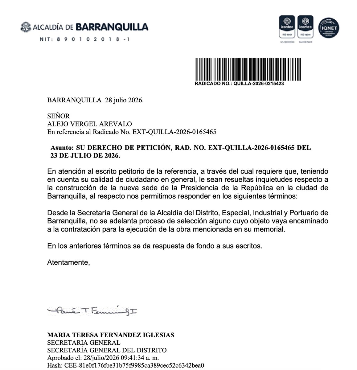 YoAlejoV's tweet photo. 🚨Atención: la alcaldía de Barranquilla, de Álex Char, principal socio de Abelardo, me respondió que NO tienen participación en la construcción de la nueva sede presidencial en el Batallón Paraíso ubicado en esa ciudad.

Llama la atención que un concejal barranquillero aseguró en un debate que, supuestamente, esa alcaldía sí estaba aportando recursos. Además, en la respuesta dicen que "no están adelantando proceso de selección" y mis preguntas no iban dirigidas a futuro sino por lo que YA se está haciendo en ese batallón.

Tranqui, ya estamos averiguando en todas las entidades locales, departamentales y nacionales que corresponda sobre cómo justificaron esa obra, de dónde salió la plata, quién dio la orden, entre otros, porque se trata de algo que exigió un civil y podría estar generando un presunto detrimento patrimonial.