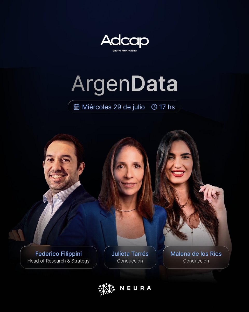 AdcapArg's tweet photo. 👉🏼 @efefilippini, Head of Research & Strategy de Adcap Grupo Financiero, coversará con @malenadelosrios y @jultarres en #ArgenData por @neuramedia en donde hablará sobre la actividad económica, salarios y perpectivas de inflación, entre otros temas.
🎙️ Mirá la entrevista completa en vivo hoy a las 17hs:
https://t.co/PchSz31jFe
¡No te lo pierdas!