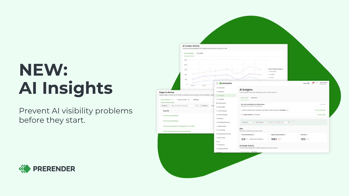 prerender's tweet photo. Showing up in AI search depends on one key factor: can the crawler actually access the page first?

Oftentimes it can’t. And you may not know there's an issue until a drop in traffic or signups.

That's where AI Insights comes in. Now available: https://t.co/APNnr3vxaZ https://t.co/2la8T6eo7u