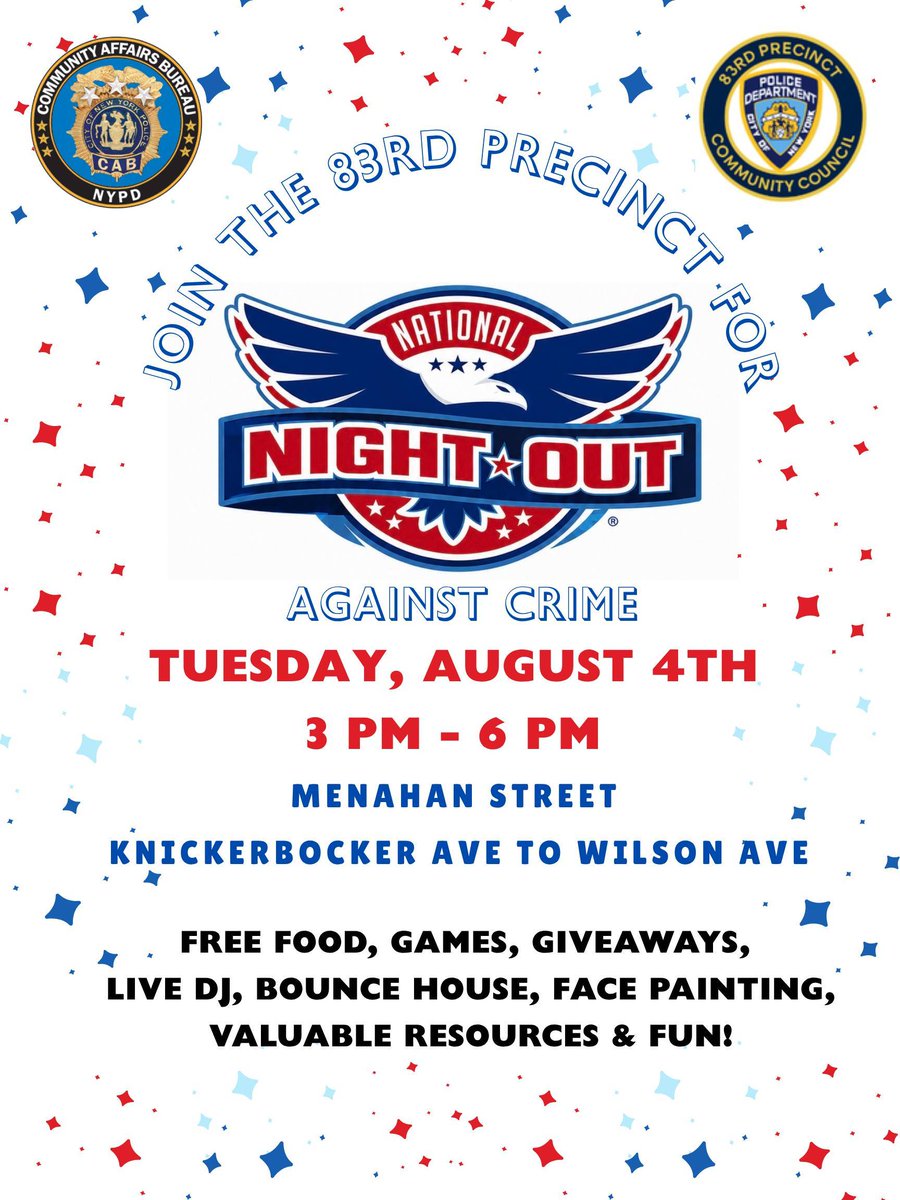 NYPD83Pct's tweet photo. Come join us !!
Tuesday, August 4th for National Night Out! https://t.co/eWCnODZ4wU